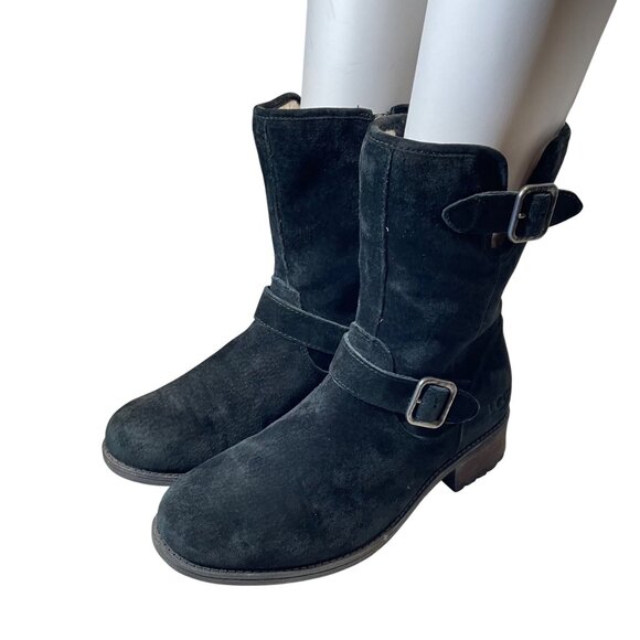 Ugg Black Suede Mid-Calf Buckle Boots Womens Size 8 - Picture 7 of 12